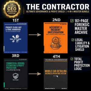 Könnte beinhalten: Bild des "THE CONTRACTOR"-Pakets mit vier Handbüchern: Project Close-Out, Accident & Incident Investigation, Commercial Bidding und Mobile Car Detailing. Enthält ein 161-seitiges forensisches Archiv, Rechtsschutz und Gewinnlogik.