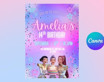 Pastelkleurige popsterverjaardagsuitnodiging: bewerkbare canvasjabloon (digitale download)