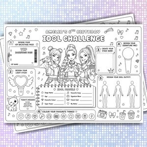 以下が含まれることがあります： 「Amelia's 6th Birthday Idol Challenge」と題された白黒の印刷可能なアクティビティシート。3人のイラスト化されたポップスター、VIPバックステージパス、ライトスティック、マイク、アイドルプロフィールセクション、衣装テンプレートが描かれています。