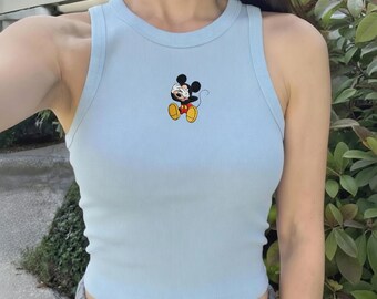 Broderad Disney Mickey Ribbad Linne, Disney Tecknad Topp, Y2K Tecknad Disney Linne för Nöjesparksoutfit