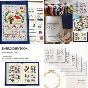 Può includere: Un kit da ricamo con un campionario ricamato con cornice blu con un disegno di casa e albero, un libro intitolato "EMBROIDERY BOOK" e vari materiali da ricamo. Il kit include matassine di filo colorato, un telaio in legno e pagine con motivi.