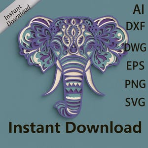 May include: A multi-layered paper elephant design in purple, teal, and cream, featuring detailed patterns. The image includes the text "Instant Download" and file type abbreviations: AI, DXF, DWG, EPS, PNG, and SVG.