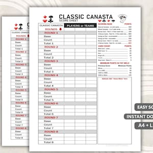 May include: Two printable Classic Canasta score sheets. The sheets have sections for rounds, base, count, and totals. The scoring base and card count are listed on the right. Text on the bottom right says "Easy Scoring, Instant Download, A4 + Letter."