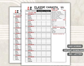 Classic Canasta Score Sheet Printable (Instant Download)