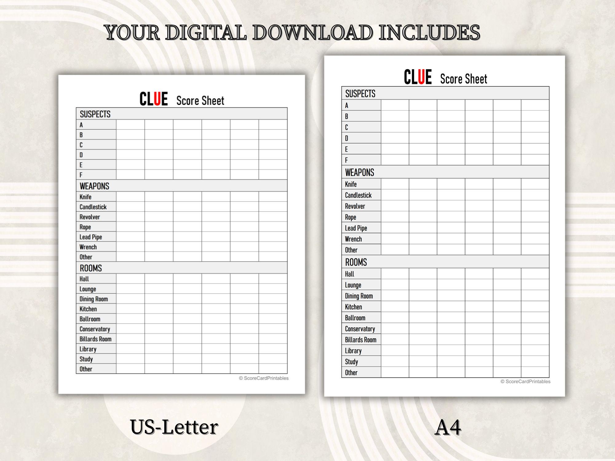Cluedo Paper.pdf Clue Score Sheet Printable PDF, 10 Pack Easy Tracker, Cluedo Notes ...