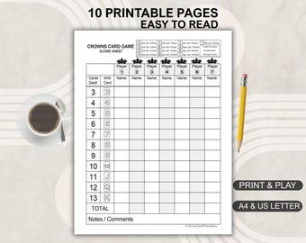 Crowns Card Game Score Sheet, Easy Read, Family Activity (A4 US Letter)