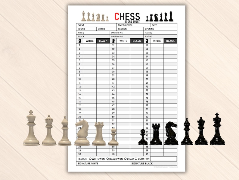Chess Score Sheet Printable| Tournament Notation & Game Record - Etsy