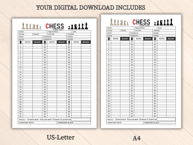Chess Score Sheet Printable| Tournament Notation & Game Record - Etsy ...