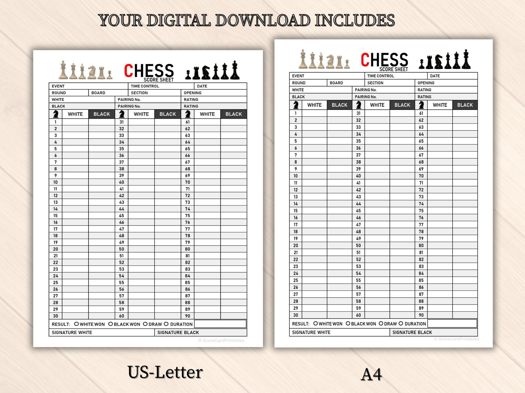 Chess Score Sheet Printable| Tournament Notation & Game Record - Etsy