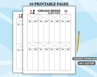 Chicago Bridge Score Sheet, 10 Printable Pages, Card Game Tracker (Digital Download)