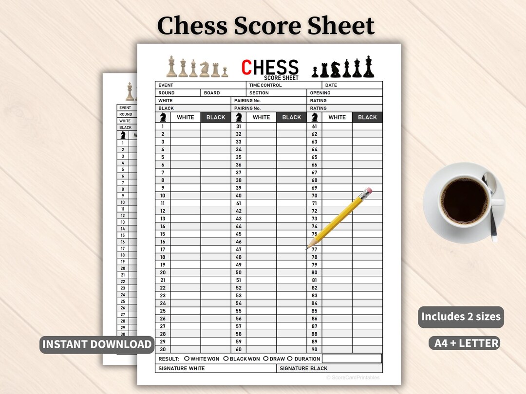 Chess Score Sheet Printable| Tournament Notation & Game Record - Etsy
