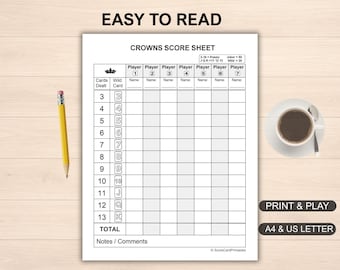 Crowns Card Game Score Sheet, Large Print, Family Game Night (PDF Download)