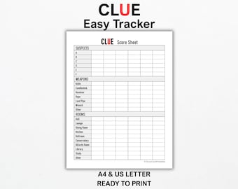 CLUE Easy Tracker Printable PDF, Game Score Sheet, A4 & US Letter, Instant Download