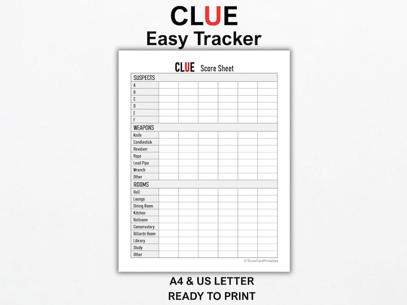 CLUE Easy Tracker Printable PDF, Game Score Sheet, A4 & US Letter ...