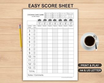 Crowns Card Game Score Sheet, Easy Read, Large Print, Up to 7 Players (PDF)