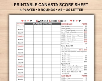 Canasta Score Sheet Printable PDF, 4 Player Score Card, 9 Rounds, A4 & US Letter, Instant Download