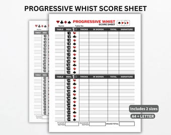Progressive Whist Score Sheet, Printable Table Log,Card Game Scor Tacker