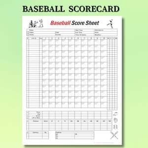 May include: A white baseball scorecard with black grid lines and text. The top of the scorecard reads "Baseball Scorecard" and "Baseball Score Sheet". The scorecard includes sections for lineup, runs, hits, errors, and more.