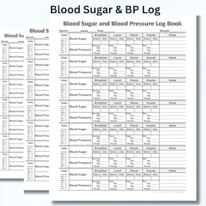 May include: A white Blood Sugar & BP Log book with a blue gradient background. The log book includes sections for recording blood sugar, blood pressure, and other health metrics. The title "Blood Sugar and Blood Pressure Log Book" is at the top.
