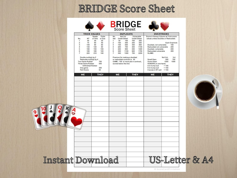 Bridge Card Print Format Bridge Score Sheet, Printable Card Game Scorecard (US Letter & A4) (PDF ...