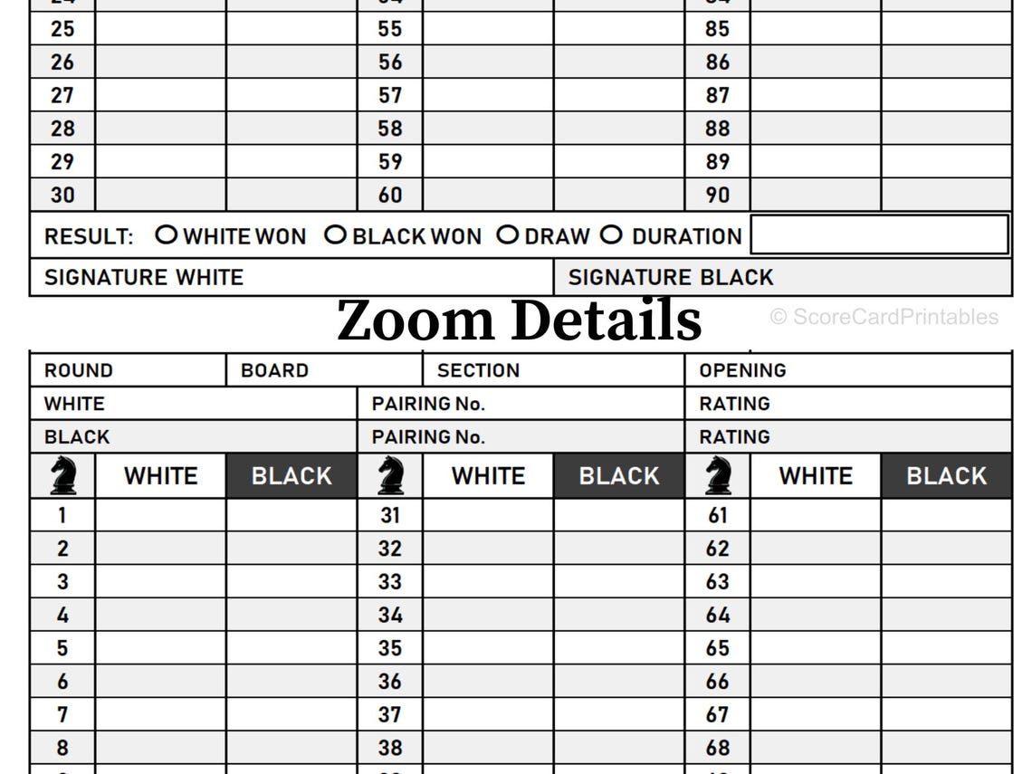 Chess Score Sheet Printable| Tournament Notation & Game Record - Etsy ...