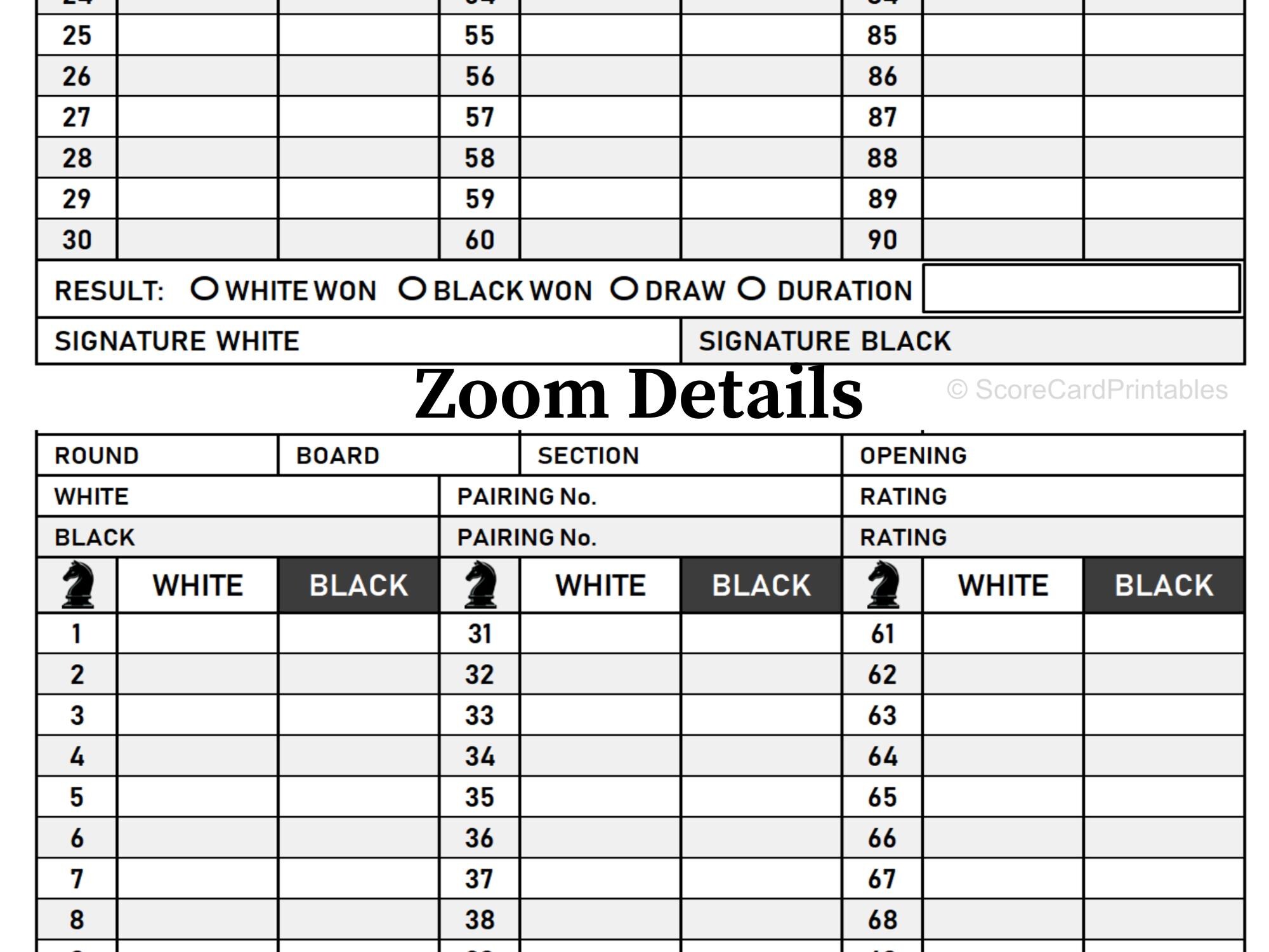 Chess Score Sheet Printable| Tournament Notation & Game Record - Etsy