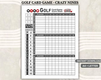 Golf Card Game Score Sheet, Crazy Nines Scorecard Tracker (A4/Letter PDF)