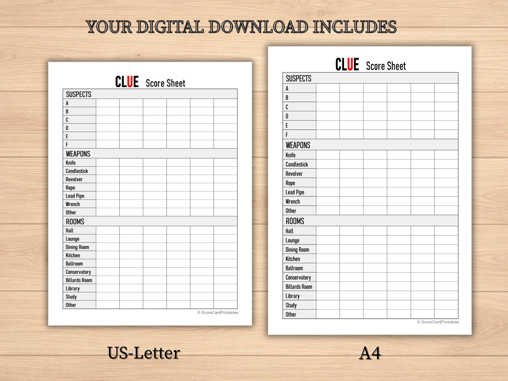 Clue Sheet.pdf CLUE Score Sheet Printable PDF, A4 & US Letter, Detective Game, Instant ...