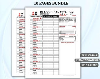 Classic Canasta Score Sheet Bundle, 10 Pages, Easy Scoring Template (Digital Download)