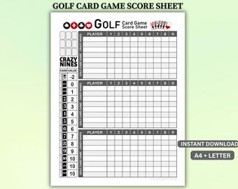 Golf Card Game Score Sheet, Crazy Nines Tracker (Digital Download)