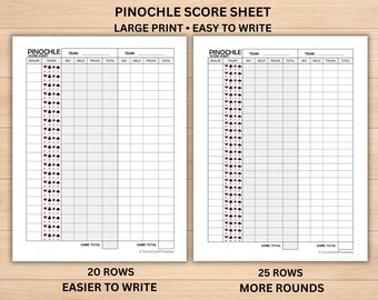 Pinochle Score Sheet Printable, Large Print, Senior Friendly (PDF Download)