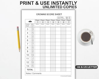 Crowns Card Game Score Sheet, Large Print, Family Game Night (Digital Download)