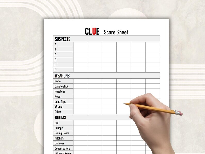 Clue Score Sheet Printable PDF, 10 Pack Easy Tracker, Cluedo Notes ...