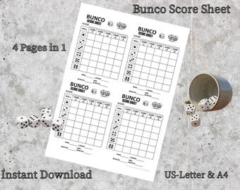 Bunco Score Sheet Printable, Dice Game, US Letter & A4 (Instant Download)