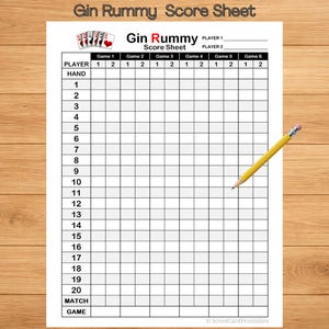 May include: A white Gin Rummy score sheet with a grid for tracking game scores. The sheet includes spaces for two players, six games, and 20 hands. A yellow pencil rests on the sheet. The title "Gin Rummy Score Sheet" is at the top.