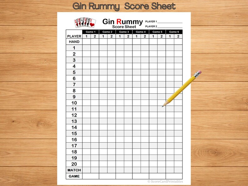 Gin Rummy Scorecard, Printable Card Game Tracker (US Letter, A4 PDF ...