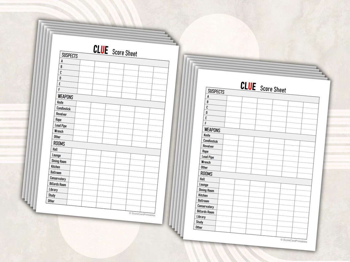 Clue Score Sheet Printable PDF, 10 Pack Easy Tracker, Cluedo Notes ...
