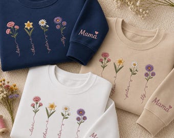 Personalized Birthday Gift for Mom, Custom Birth Flower Embroidered Sweatshirt, Mama Name Crewneck, Unique Mom Birthday Present