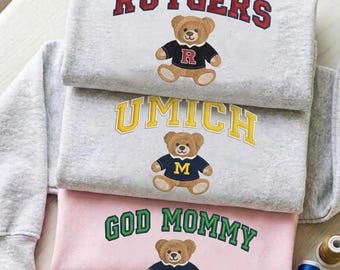 Teddy Bear Embroidered University Sweatshirt, Custom College Name Crewneck, Cute School Spirit Shirt, Game Day Outfit, College Gift