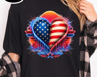 Maglietta con cuore patriottico ad acquerello, maglietta Jet per le feste del 4 luglio, completo artistico con cuore e bandiera americana, maglietta estiva rossa, bianca e blu per barbecue.