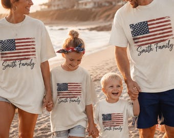 4th of July Custom Family Name and Location Shirt, Personalized July 4th Family Celebration T-Shirt, Family Matching American Flag Shirt