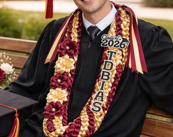 Red and Gold Graduation Lei Class of 2026, Custom Name Ribbon Lei, Personalized Grad Gift for Him Her, Handmade School Color Senior Lei