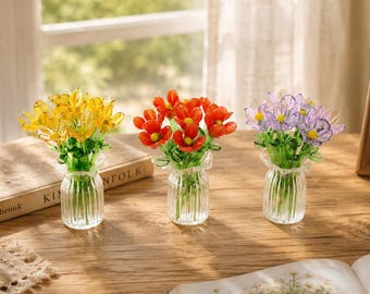 Mini Glass Flower Bouquet Set, Birth Month Flower, Floral Figurine, Handcrafted Glass Figurine, Birthday Gift for Her, Home Decor, Mom Gift