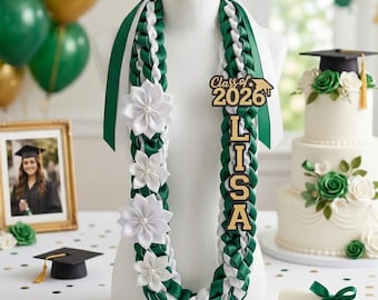 Graduation Ribbon Lei with Name, Custom Flower Lei for Seniors, College High School Graduation, Class of 2025 Gift, Braided Satin Sash
