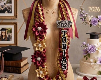 Personalized Tri-Color Graduation Lei , Custom 3 Ribbon Colors, Class of 2026 , Acrylic Grad Cap Charm Keepsake,Double Braided