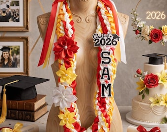 Personalized Tri-Color Graduation Lei , Custom 3 Ribbon Colors, Class of 2026 , Acrylic Grad Cap Charm Keepsake,Double Braided