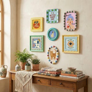 Playful Colorful Picture Frames Set of 7, Boutique Scalloped 4x6 5x7 8x10 Photo Frame, Whimsical Retro Gallery Wall Kit for Home Decor