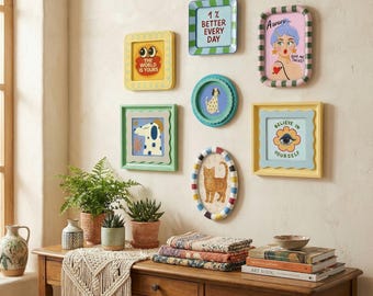 Playful Colorful Picture Frames, Boutique Scalloped 4x4 4x6 Photo Frame, Whimsical Retro Gallery Wall Kit for Home Decor (Single/Set)