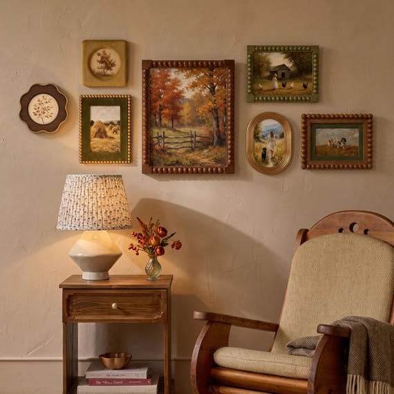 Bobbin Beaded Wall Art Frame Set, Rustic Country Landscape Wall Photo Frames Set, Warm Fall Living Room Home Decor, Unique Housewarming Gift