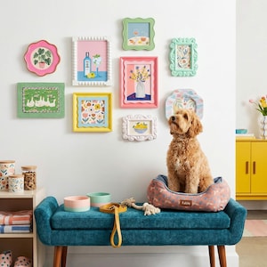 Puede incluir: Una colección de coloridas obras de arte enmarcadas adorna una pared blanca. Un perro marrón está sentado en una cama para perros sobre un banco turquesa. El banco también tiene cuencos para perros, una correa amarilla y un juguete de cuerda. Un armario amarillo está en el fondo.